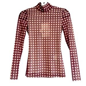 Baum und Pferdgarten Jodi Sheer Mesh Mock Neck Top NWT Size XS Maroon Check